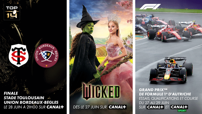 Wicked (dès le 27 juin sur CANAL+)/Yellowjackets saison 3 (dès le 26 juin sur CANAL)/ TOP14 : la finale (28 juin à 21h sur CANAL+)/ F1 : GP d'Autriche (EQC du 27 au 29 juin sur CANAL+ et CANAL+SPORT)/ Vingt Dieux (sur CANAL+)/ MOTOGP : GP des Pays-Bas (EQC du 27 au 29 juin sur CANAL+ et CANAL+SPORT360)